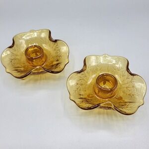 Vtg 2 Fenton Amber Glass Lotus Floral Footed Candle Holder Crimp Edge Home Decor
